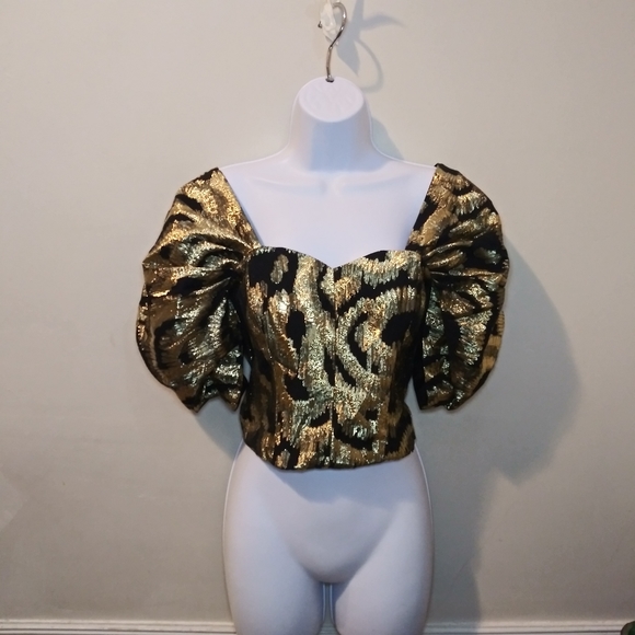 Zara Black & Gold Lame´ Puffed Sleeve Special Occasion Cropped Top - Picture 3 of 15